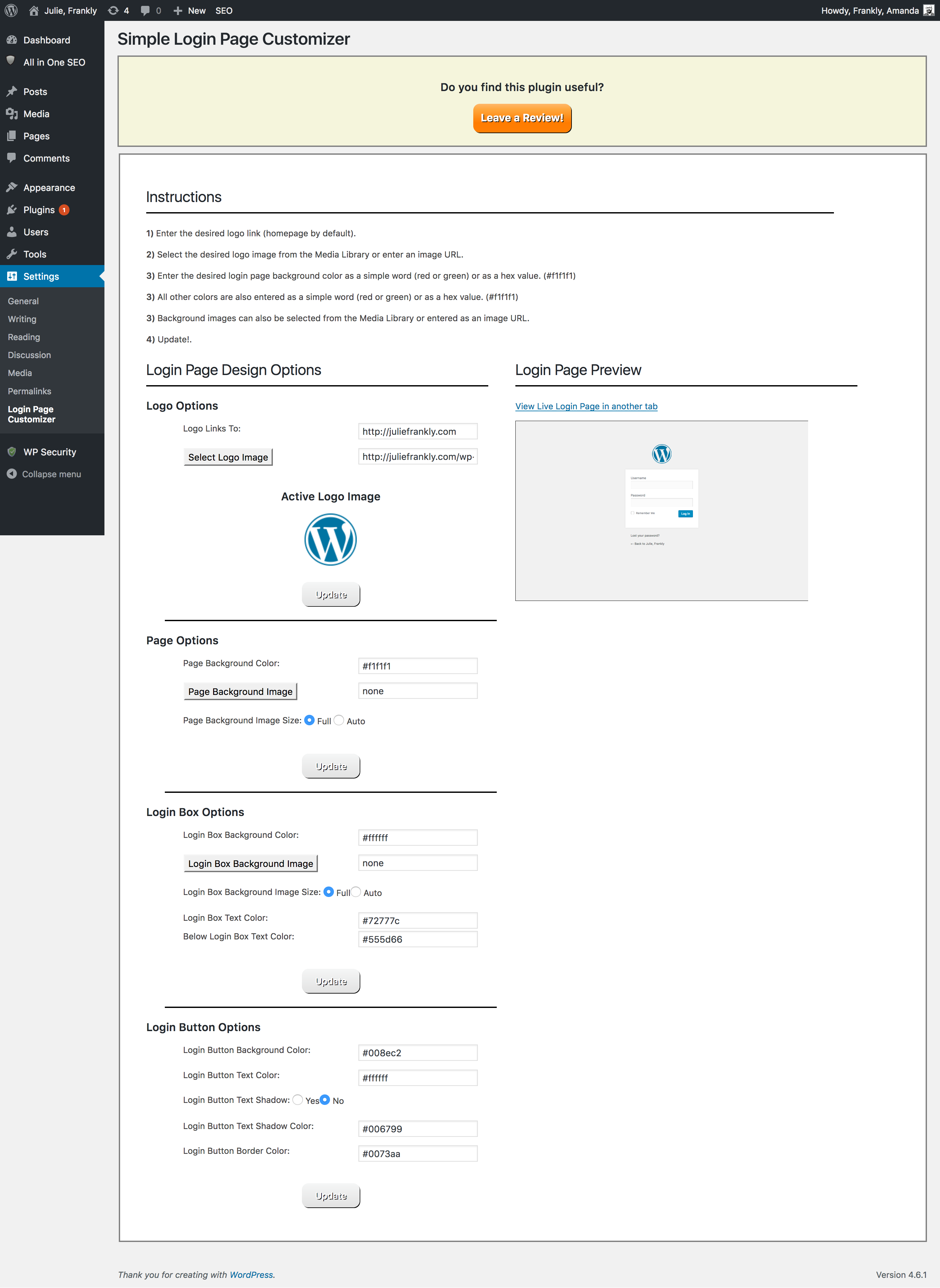 Screenshot of Login Page Customizer Admin Settings Page